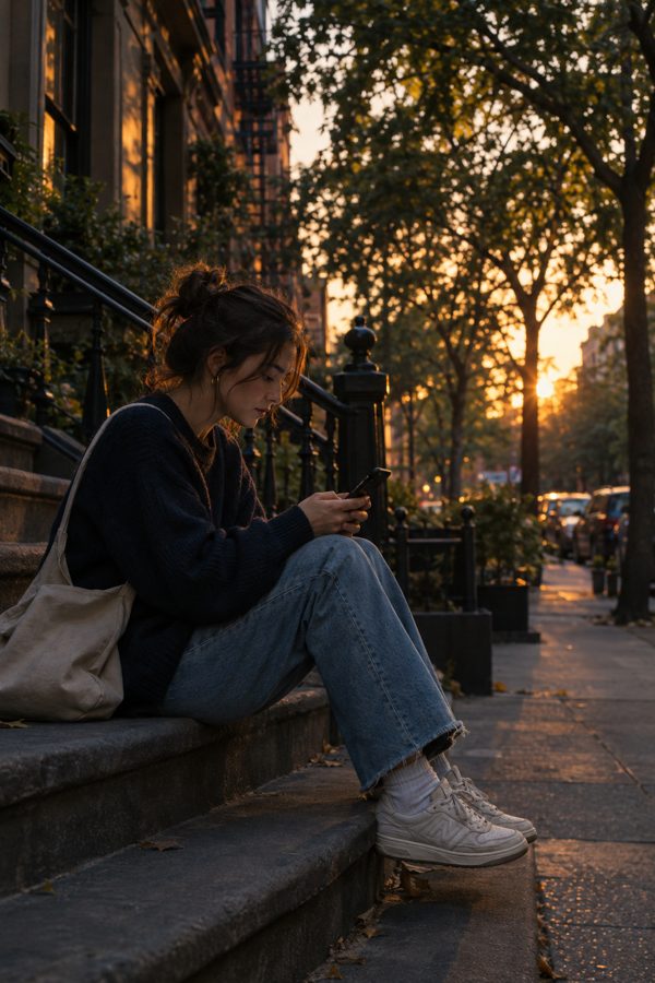 A young adult checking a phone on apartment steps under city trees at dusk
