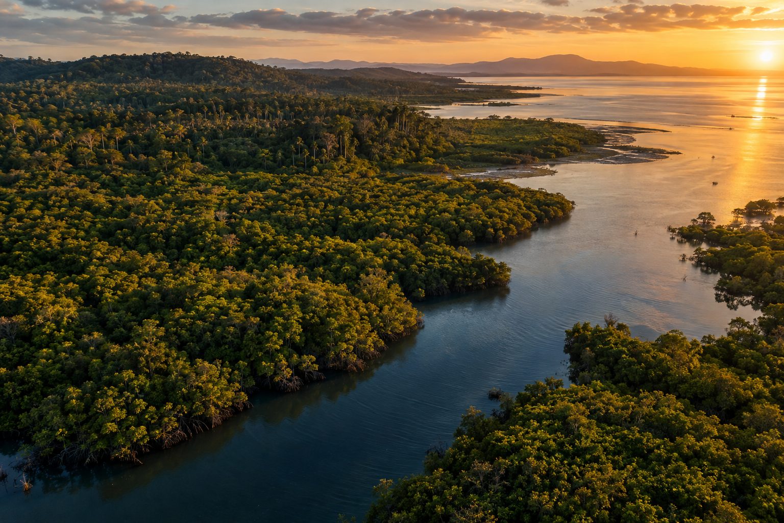 Aerial view of a restored coastal forest and estuary at golden hour